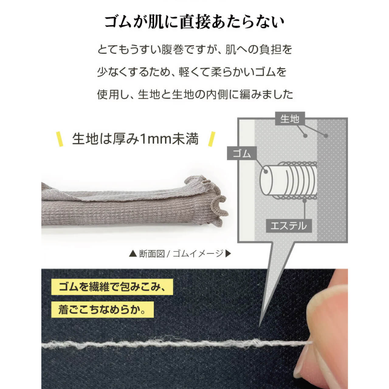 ゴムが直接あたらないように編み上げました